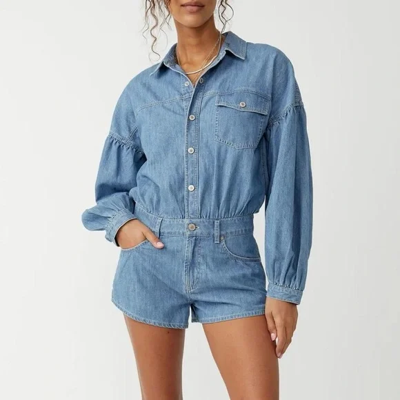 NWT Free People We The Free Zodiac Denim Chambray Romper in Moon Blue - L - Picture 1 of 8